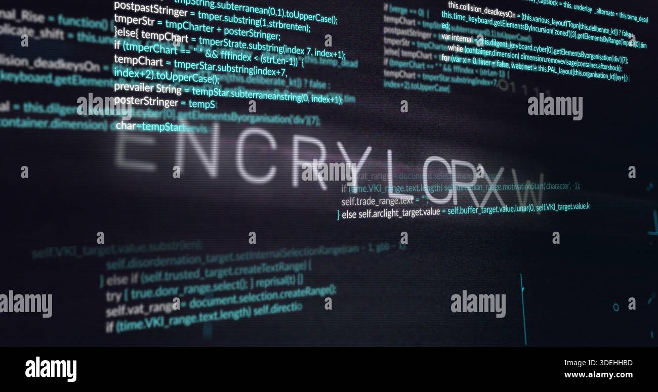 Displaying faint ENCRYPTION text while code scrolling on computer monitor, cybersecurity theme Stock Photo