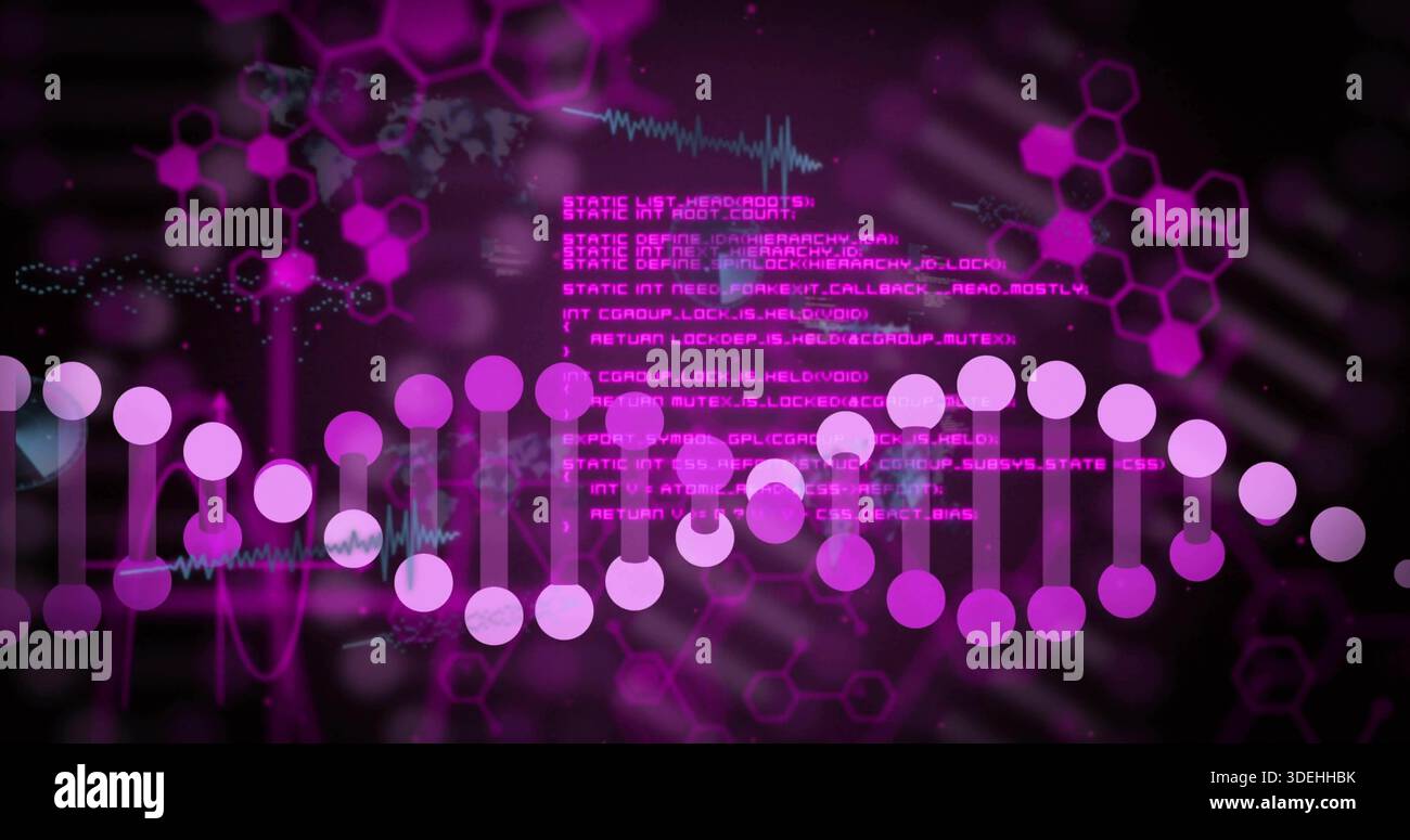 Displaying stylized DNA double-helix visual across dark digital backdrop, with magenta code text Stock Photo