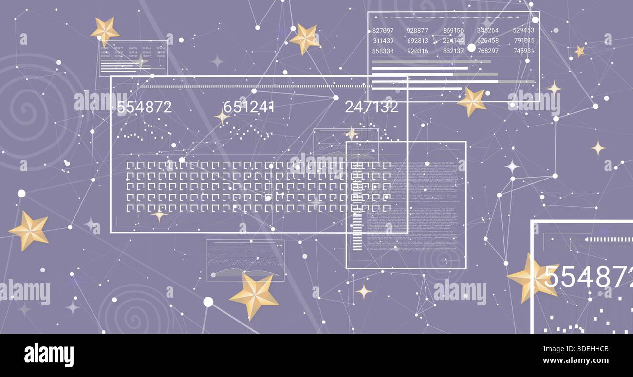 Displaying translucent data panel on purple canvas, showing grid, codes, barcode and gold stars Stock Photo