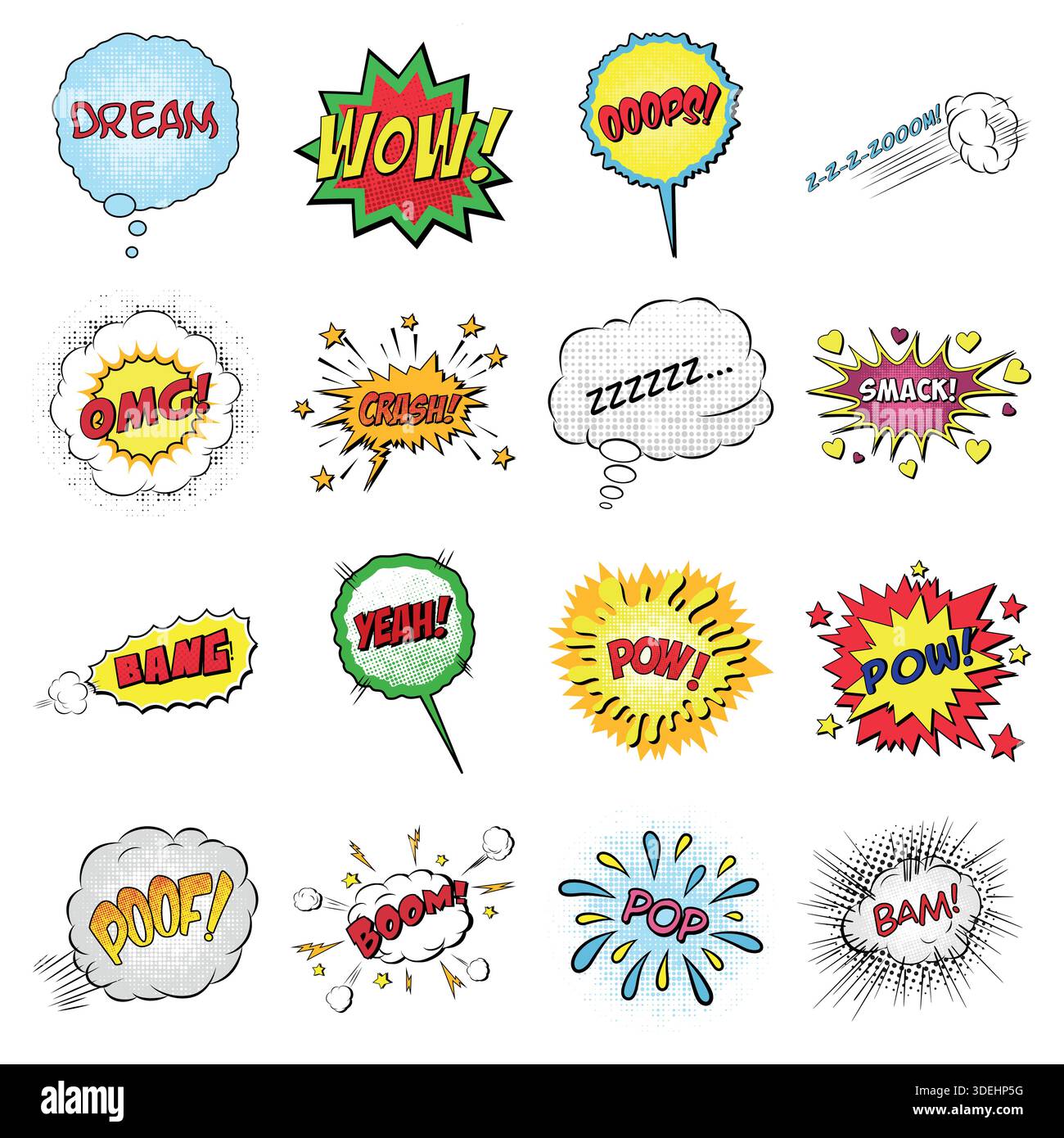 Vector Pop Art Comic Speech Bubbles Set with Colorful Halftone Shapes ...