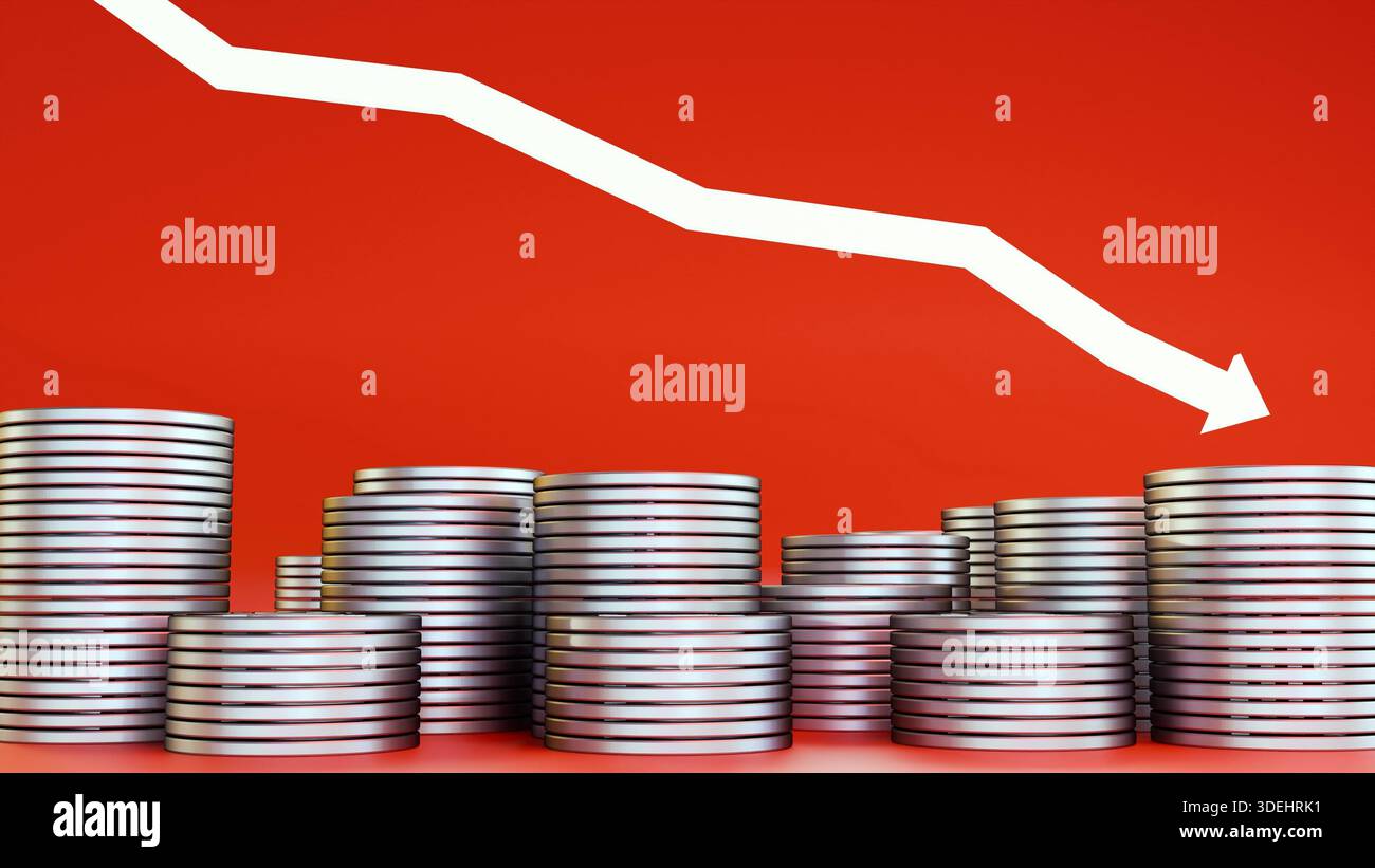3D rendering of the red arrow and stack of coins, downward financial ...