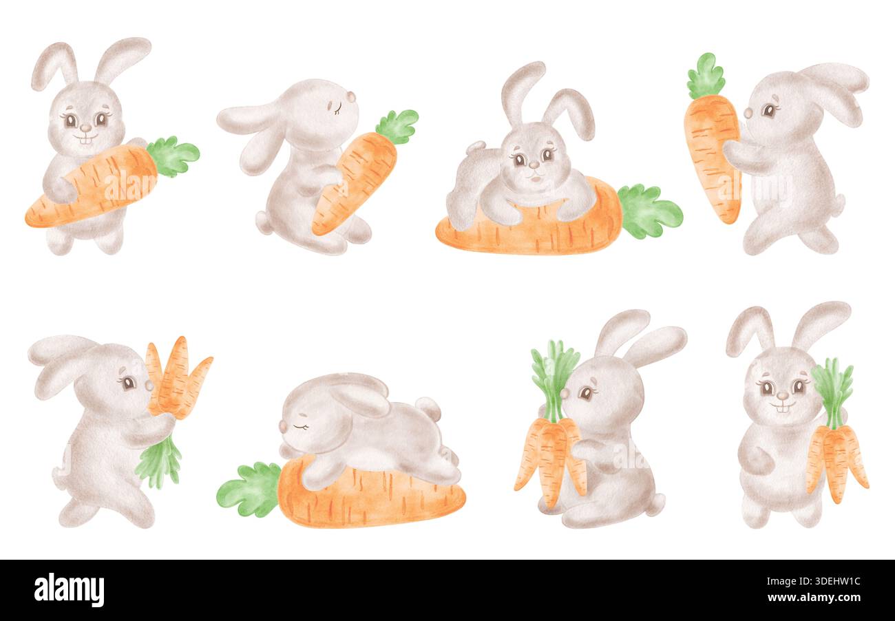 Set of cute bunnies with carrot watercolor illustrations for kids ...