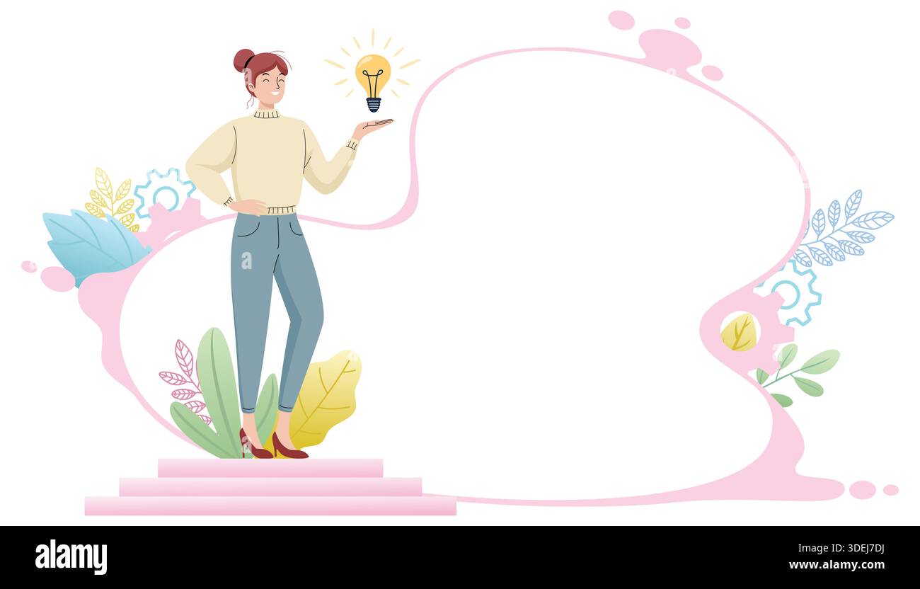 Creative woman standing with glowing light bulb Stock Vector