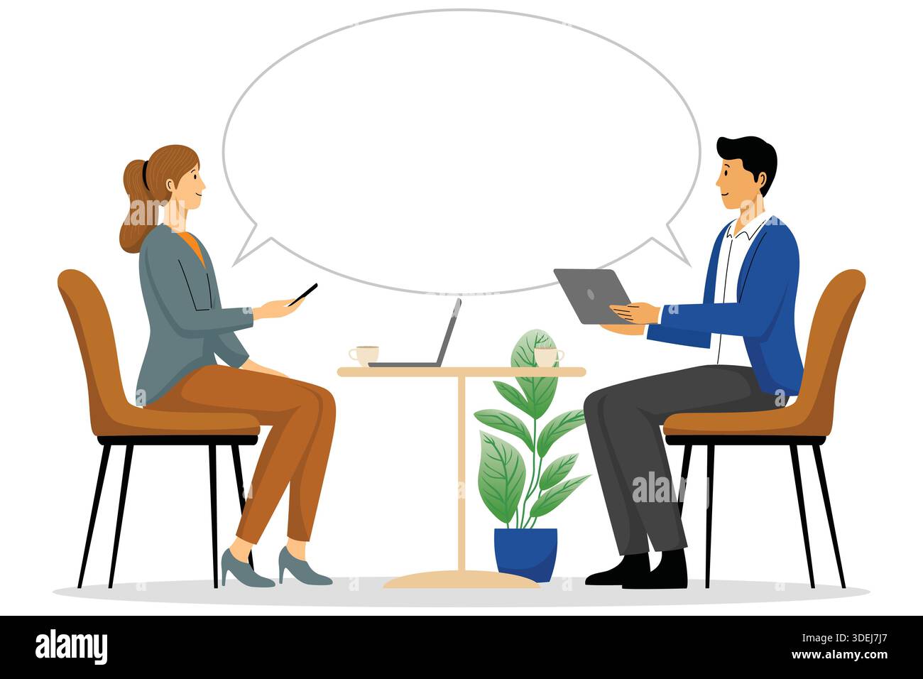 Two people talking at desk with speech bubble Stock Vector