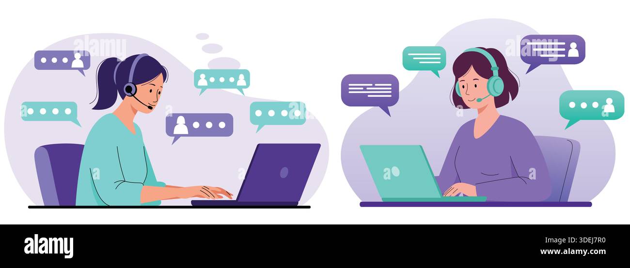 Two female operators with headset chatting online Stock Vector