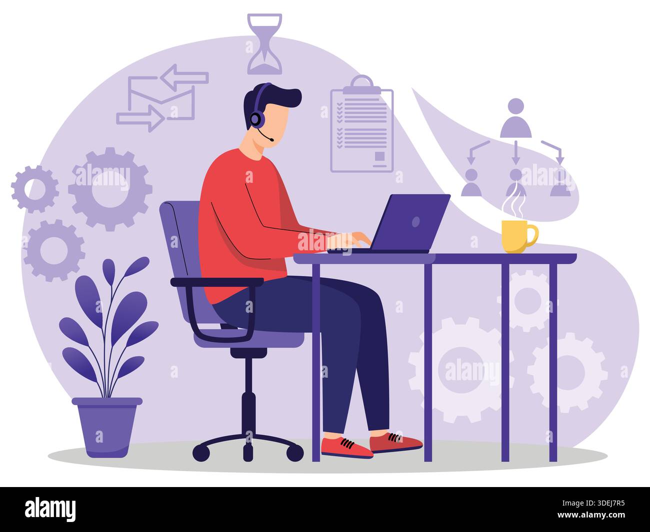 Man working remotely with laptop and headset Stock Vector