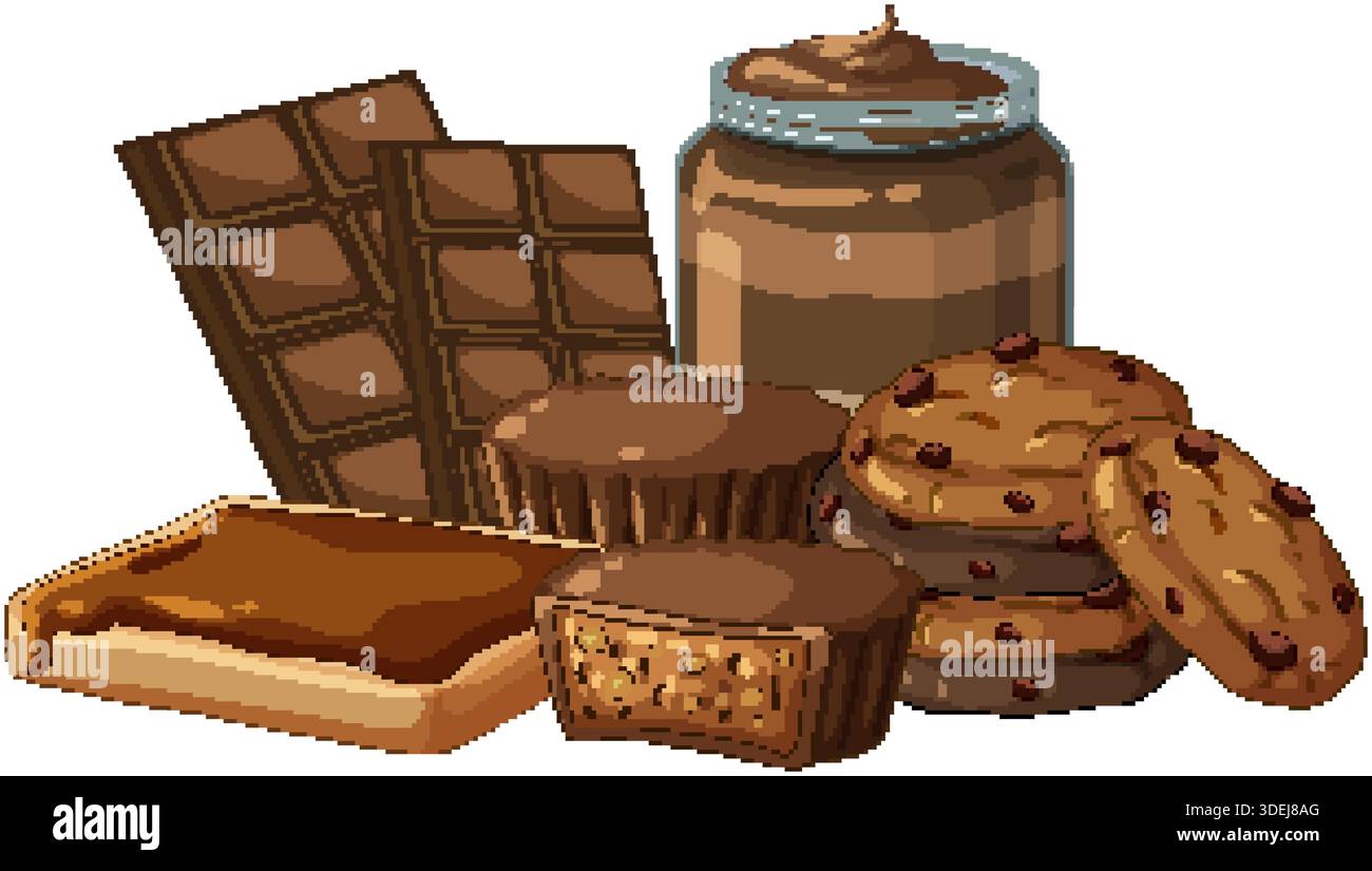 Chocolate snacks like cookies, bars, and spread illustrated in a clean vector cartoon style Stock Vector