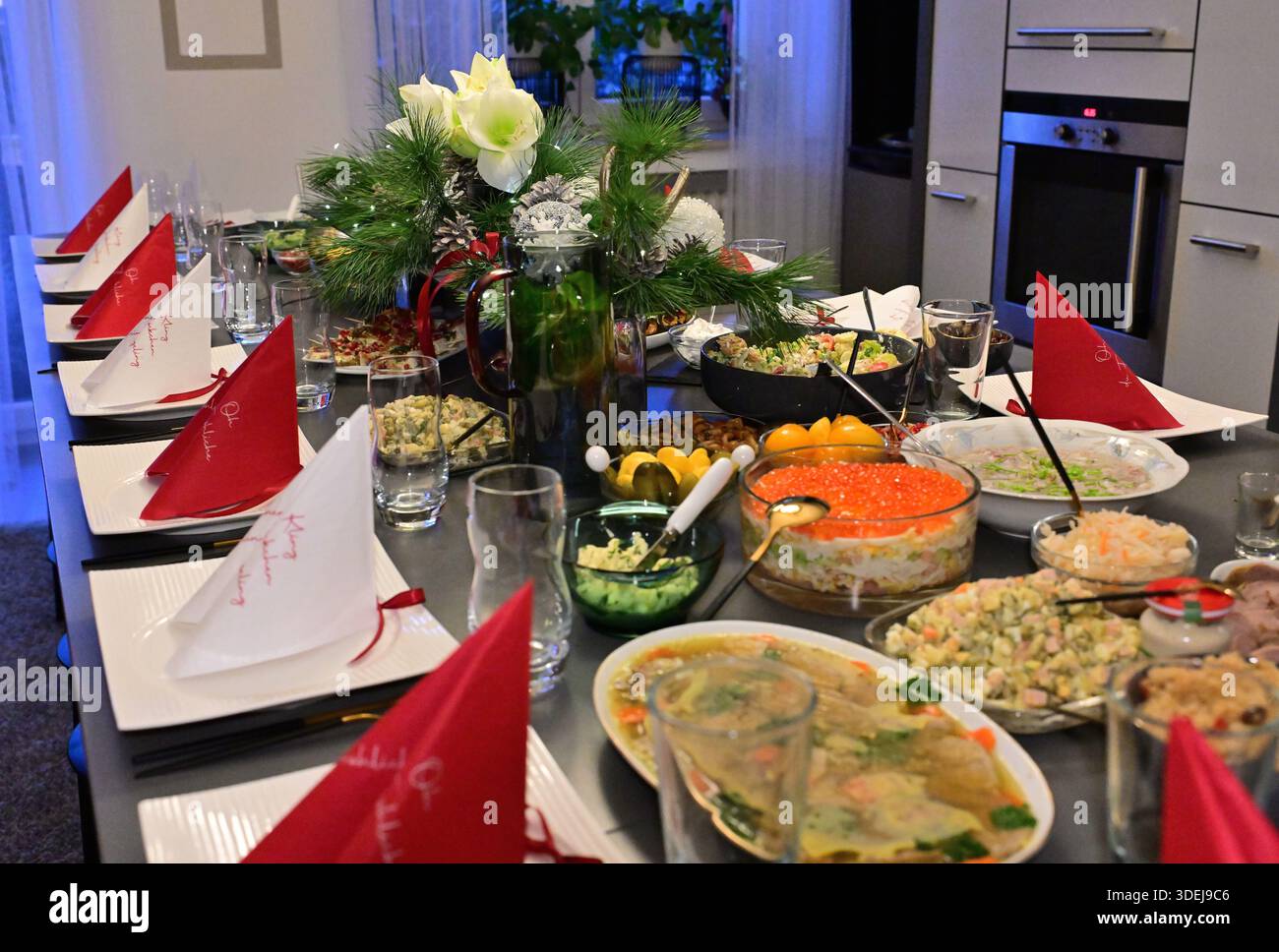A festively set table for Christmas Stock Photo