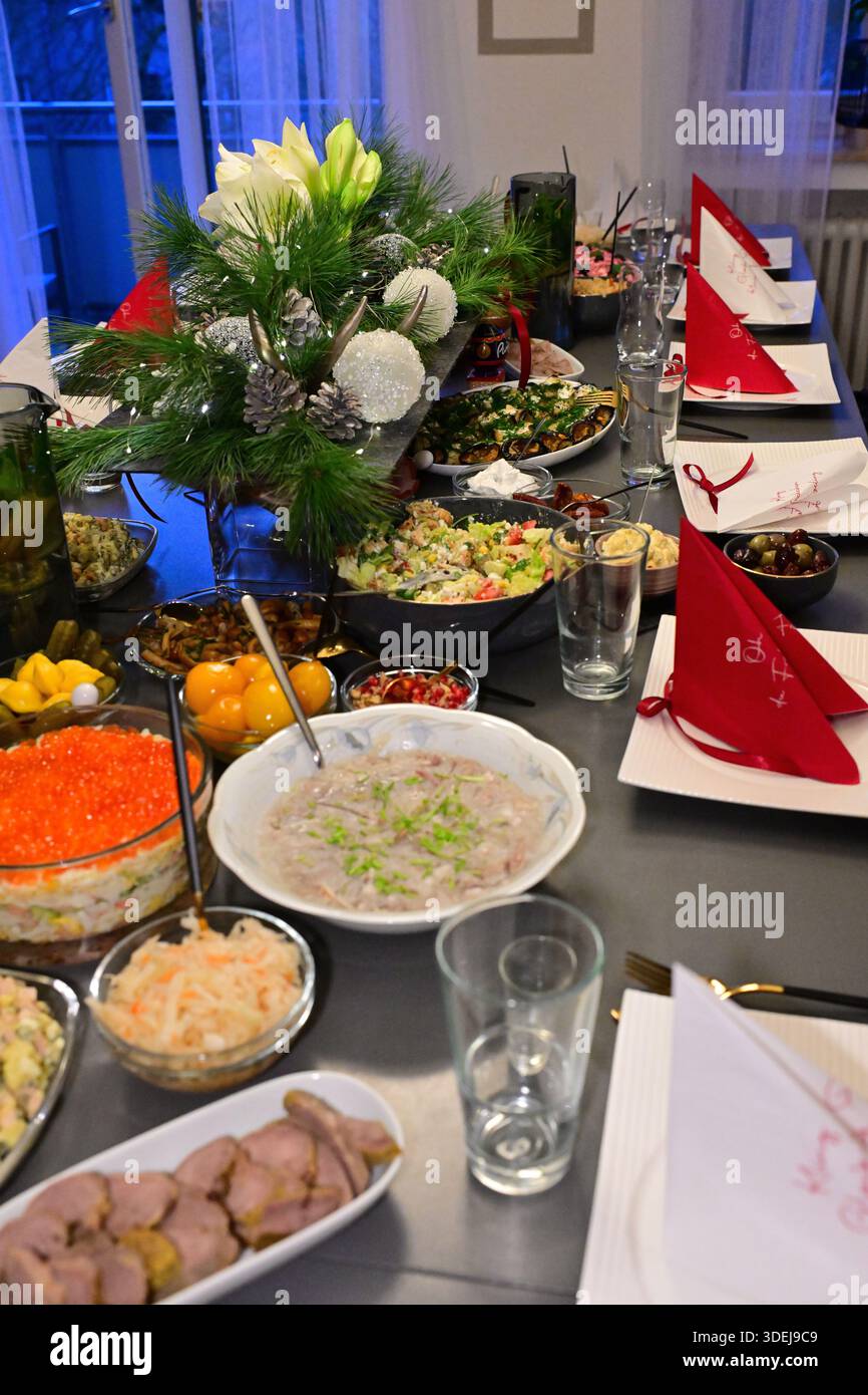 A festively set table for Christmas Stock Photo