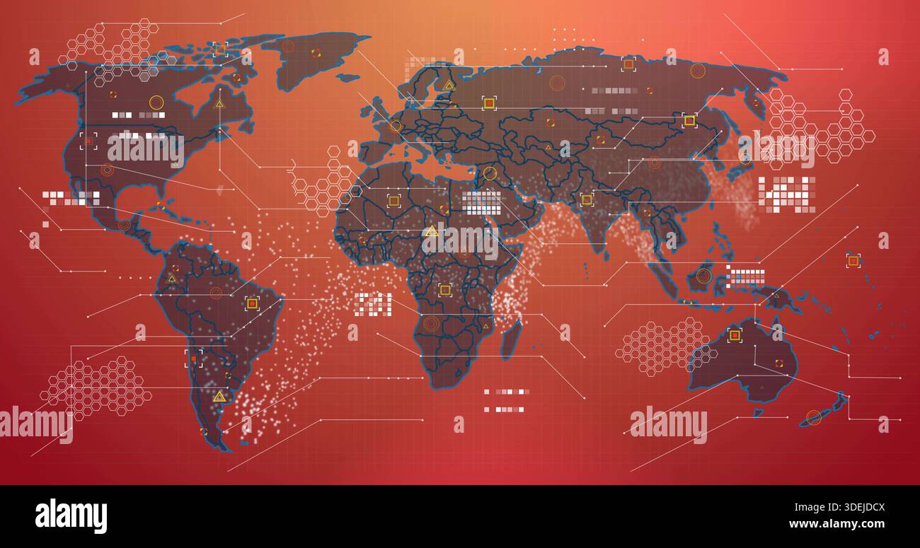 Displaying stylized world map animating on digital dashboard, showing data points, node markers Stock Photo
