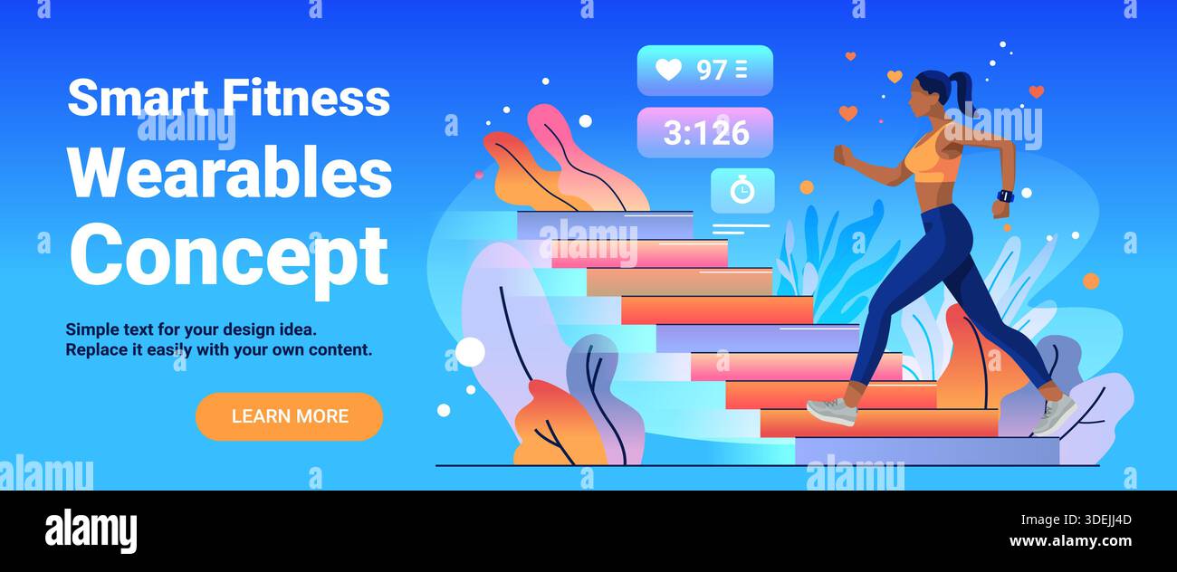 Smart fitness wearables concept woman running stairs activity tracker ...