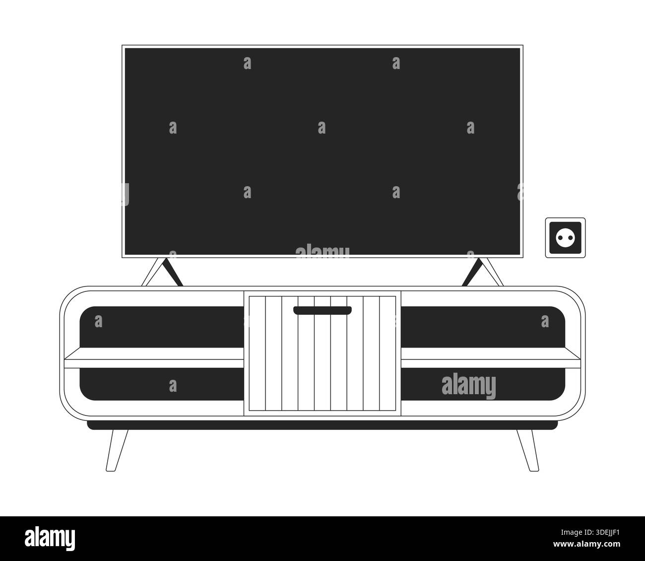 Modern television placed on media console table 2D line object Stock Vector