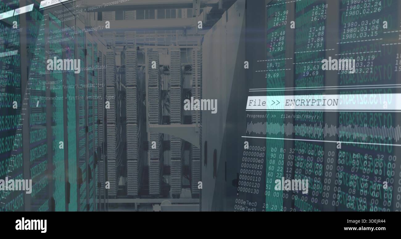 Displaying server rack showing blade servers, cables in data center, overlaying File  ENCRYPTION Stock Photo