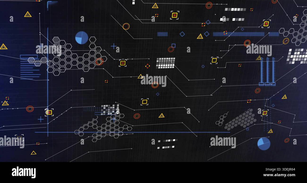 Displaying abstract network schematic on dark dashboard with hex clusters, node glyphs, pie charts Stock Photo