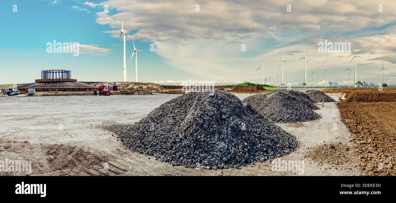 Construction site. Foundations of wind turbines with concrete and steel ...