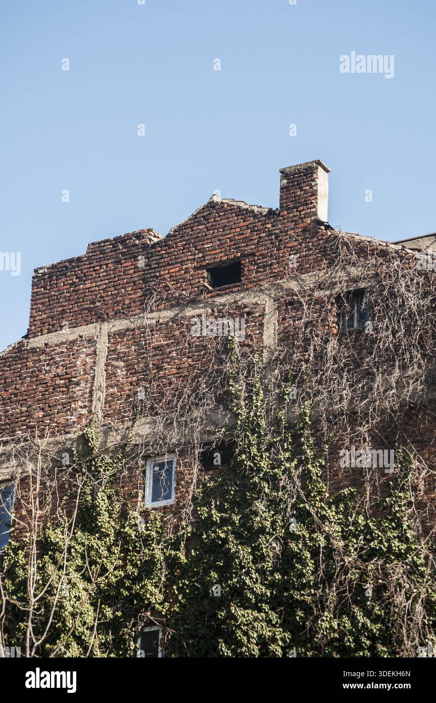 Backside old weathered vintage brick building wall facade Stock Photo