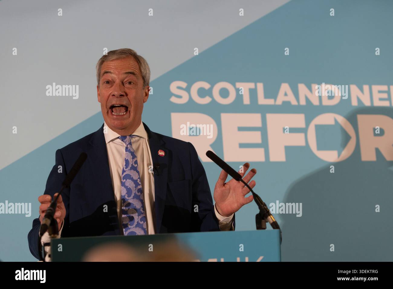 Nigel Farage, Reform UK party, speaking at a Reform UK rally in Falkirk ...