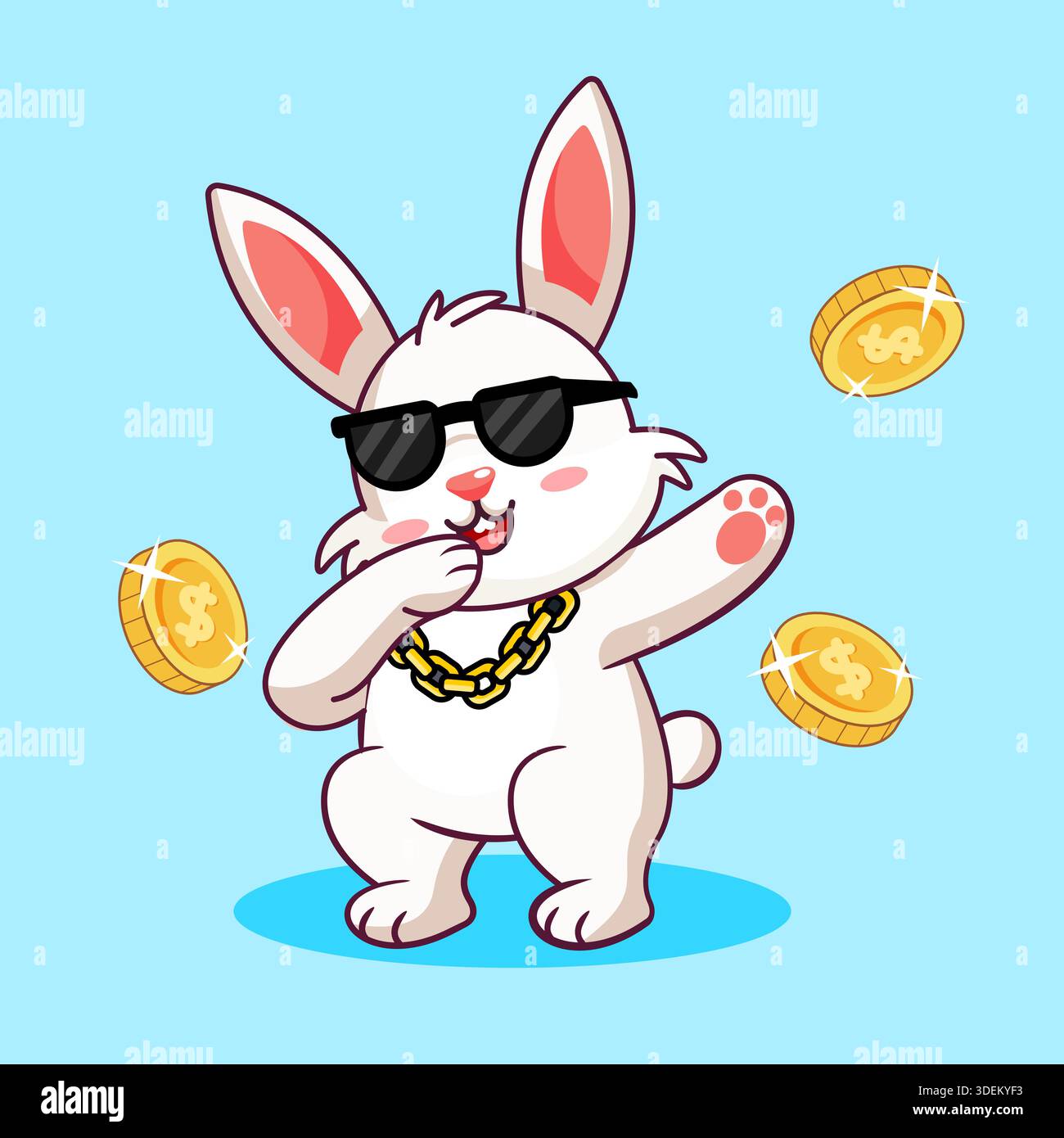 Cool Rabbit Dance in Dabbing Style with Gold Coin Floating Vector ...