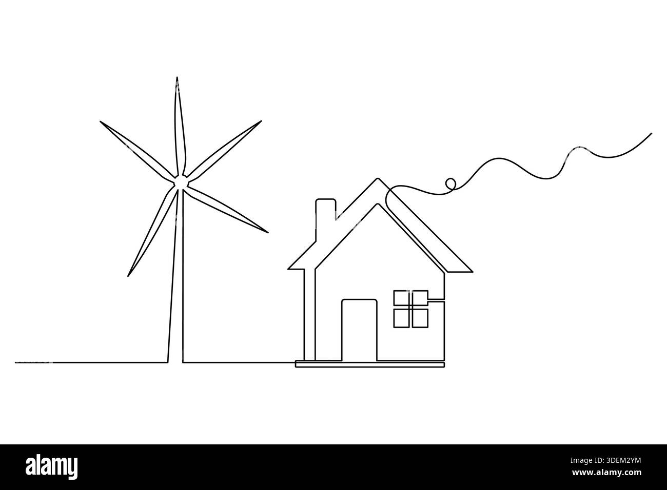 House continuous line drawing with wind turbine for renewable energy ...