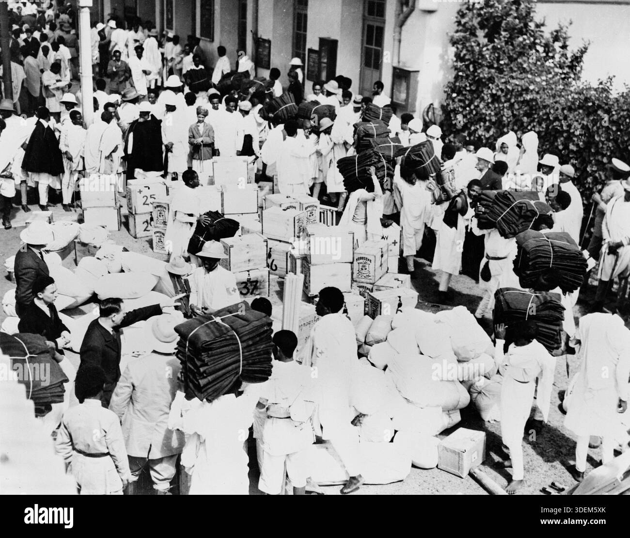 Addis Ababa, Ethiopia. Medical supplies for the front, including bales ...