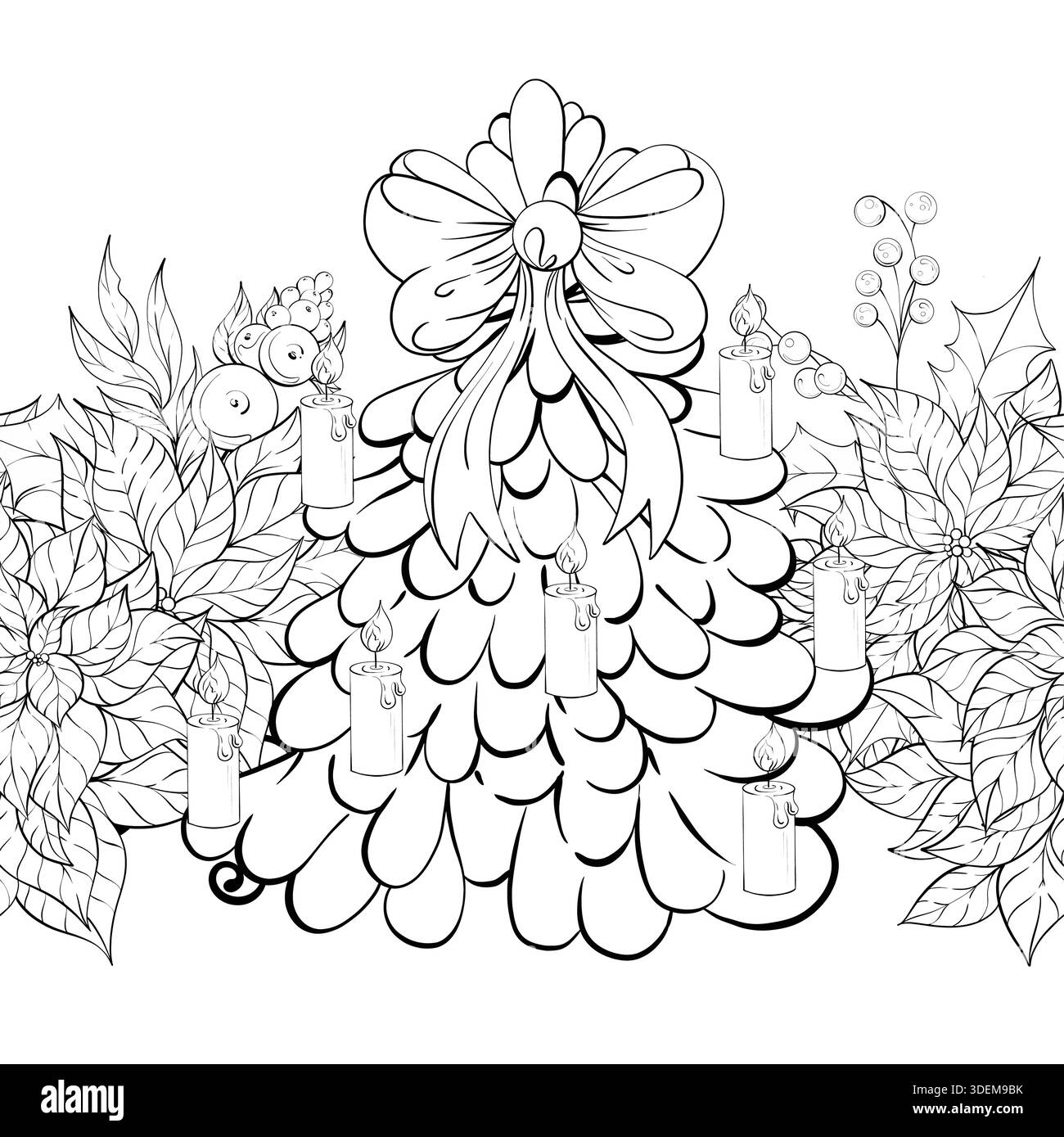 Arrangement With Festive Elements and Decorative Bow Seamless Pattern Background Border Featuring Candles and Lush Foliage in a Holiday Themed Design Stock Vector