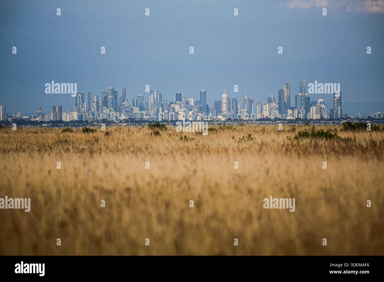 Melbourne, Australia. 08th Jan, 2026. A general view of Melbourne's city skyline from Point Cooke Marine Sanctuary at sunset during extreme heat conditions. Tomorrow, Victoria will continue to experience extreme weather, with temperatures forecast to reach 41 °C in Melbourne and up to 43 °C in regional areas. Bushfire warnings, including “leave immediately” notices near Longwood, are in place, while damaging wind gusts of up to 90-110 km/h are forecast to affect Melbourne and surrounding areas. Credit: SOPA Images Limited/Alamy Live News Stock Photo