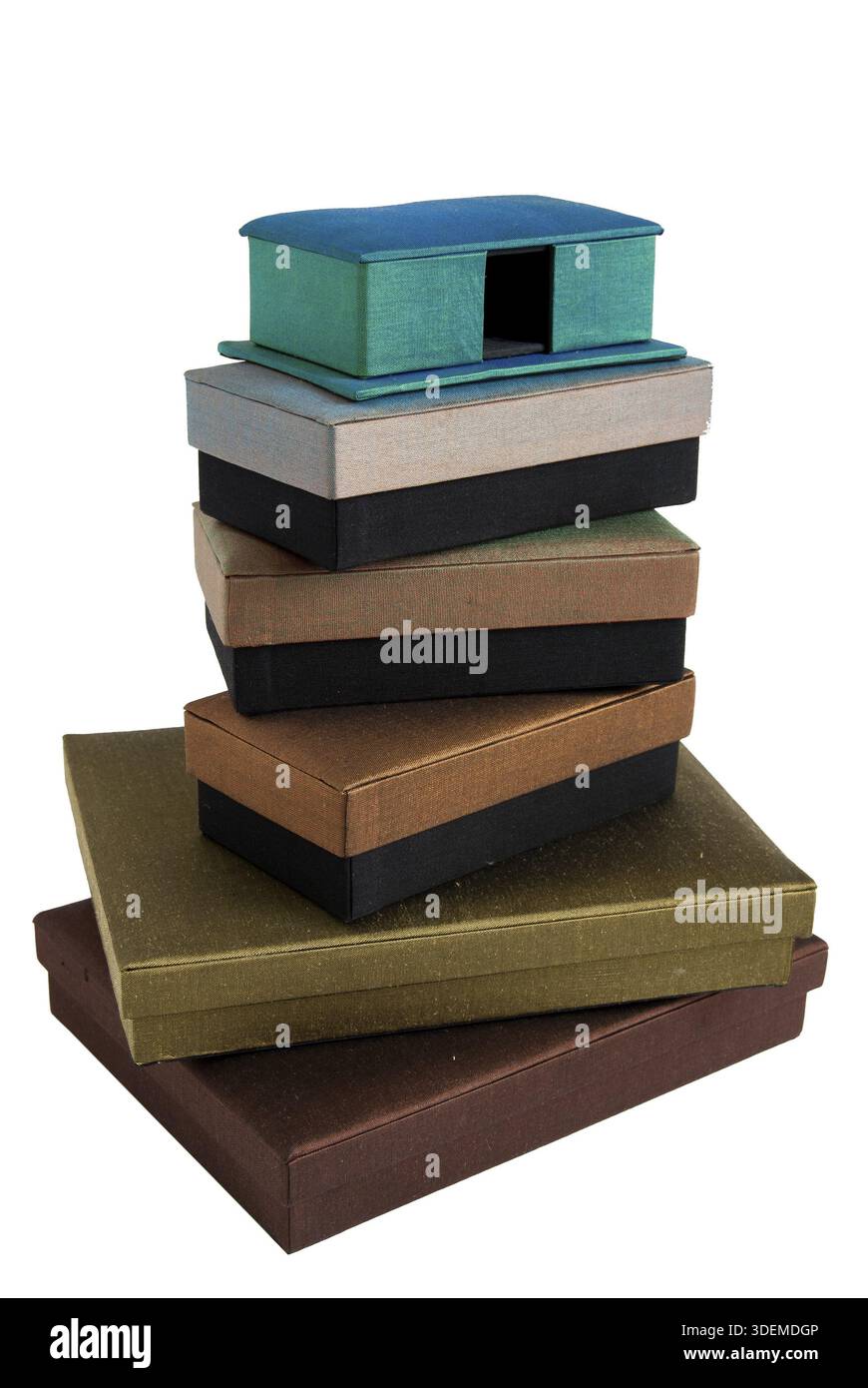 Stacked silk gift boxes isolated on white background Stock Photo