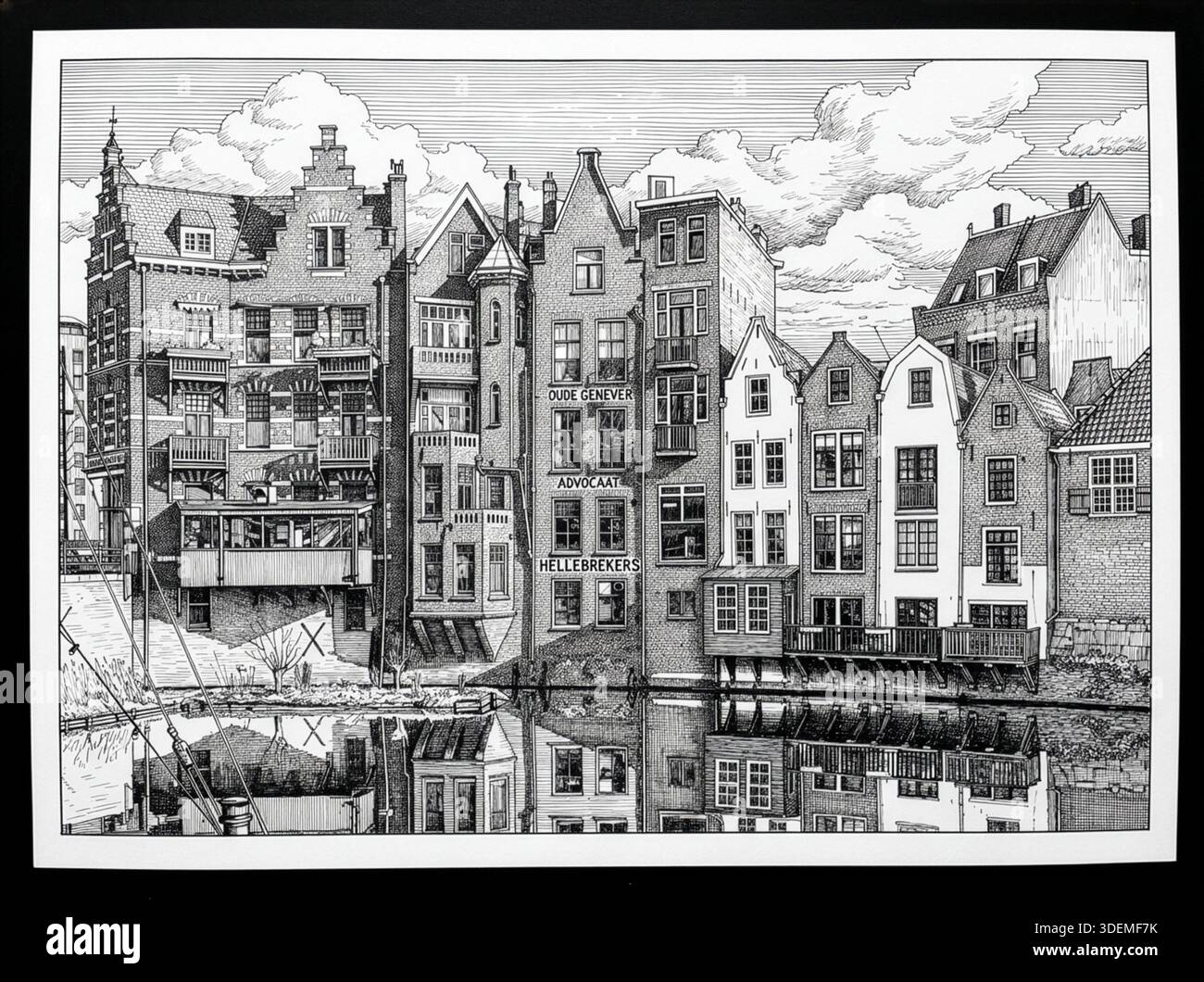 Detailed pen and ink drawing of historic canal houses in Delfshaven ...