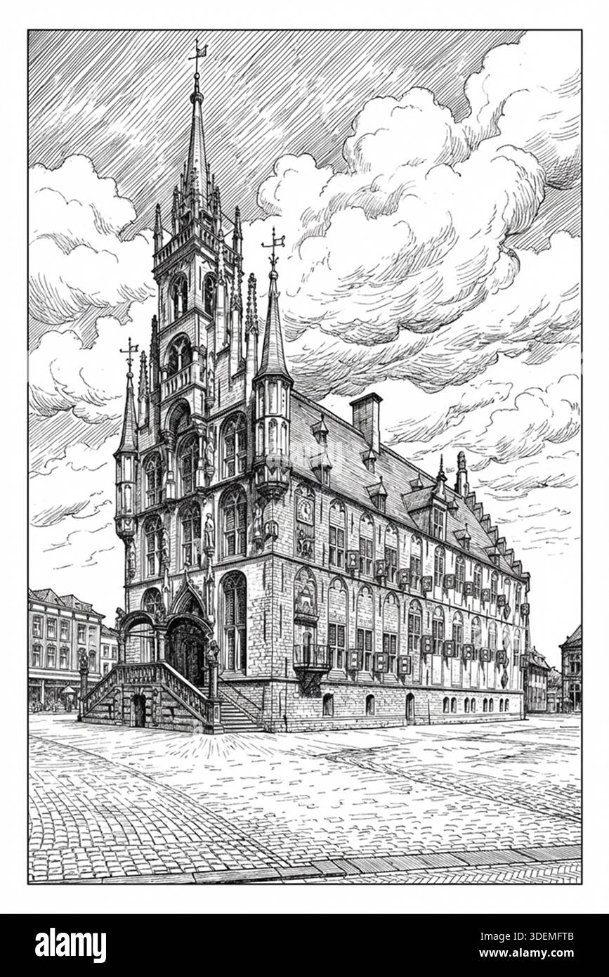 Vertical pen drawing of the Gothic Town Hall in Gouda, Netherlands ...