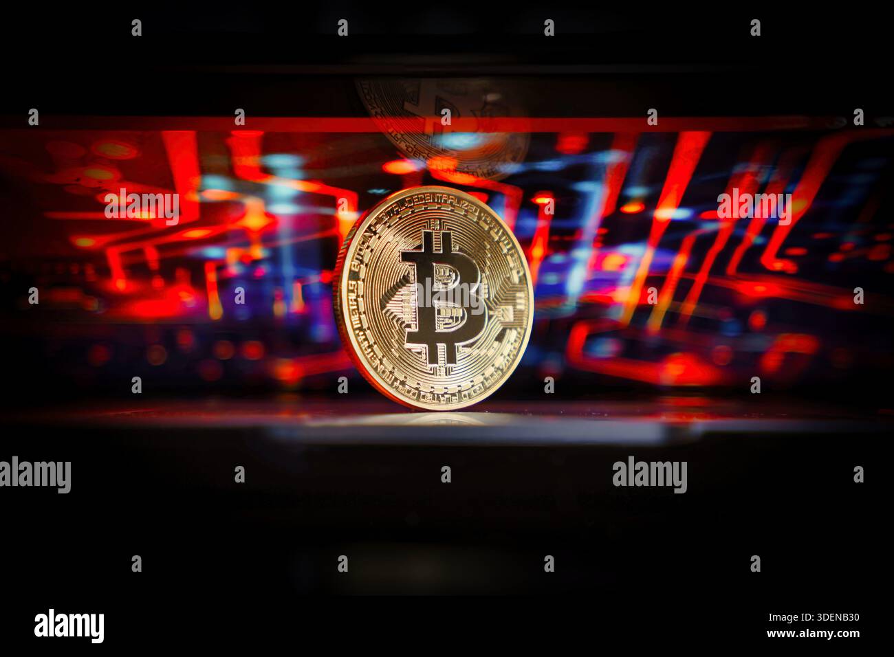 Bitcoin against technology background. Stock Photo