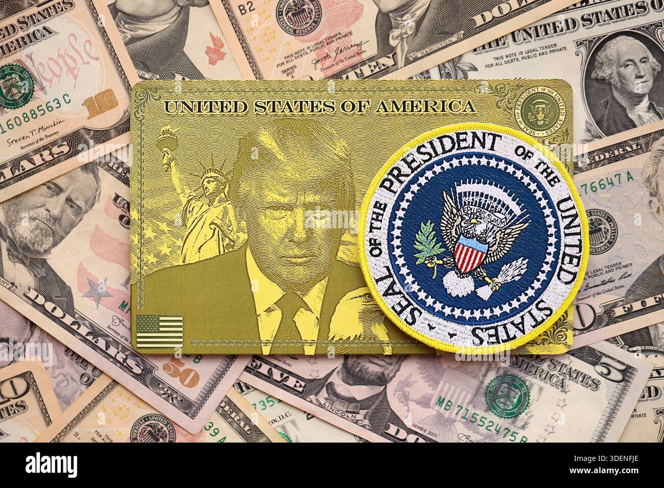 KYIV, UKRAINE - DECEMBER 13, 2025 Trump gold card and Seal of US president  on big amount of US dollar money bills banknotes close up Stock Photo -  Alamy