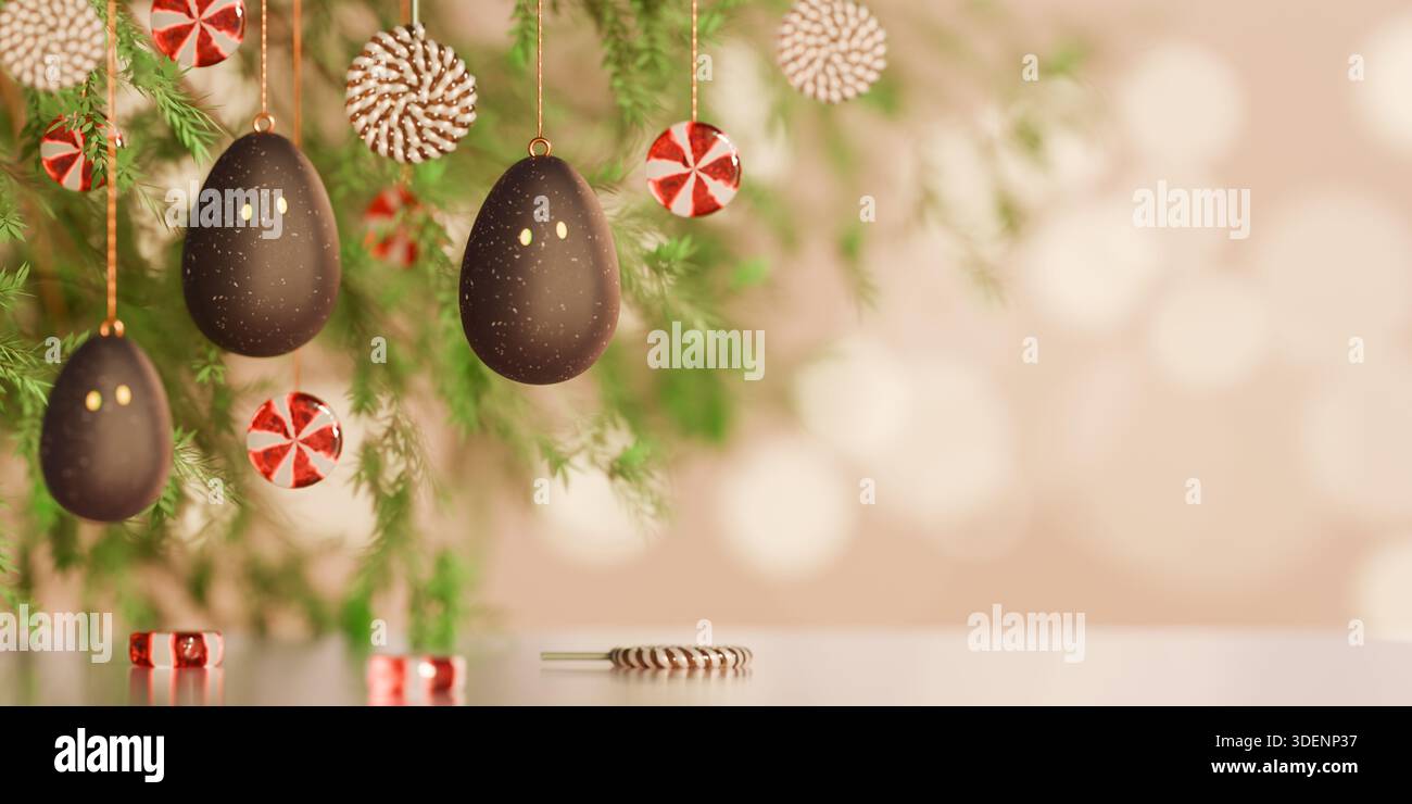 Squash ball easter eggs and peppermint ornaments hanging on green branches for easter. 3d rendering Stock Photo