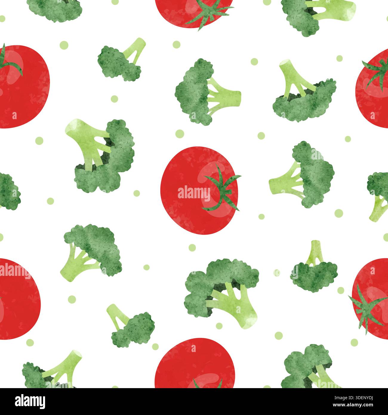 Seamless watercolor vegetable pattern with broccoli and tomatoes Stock Vector