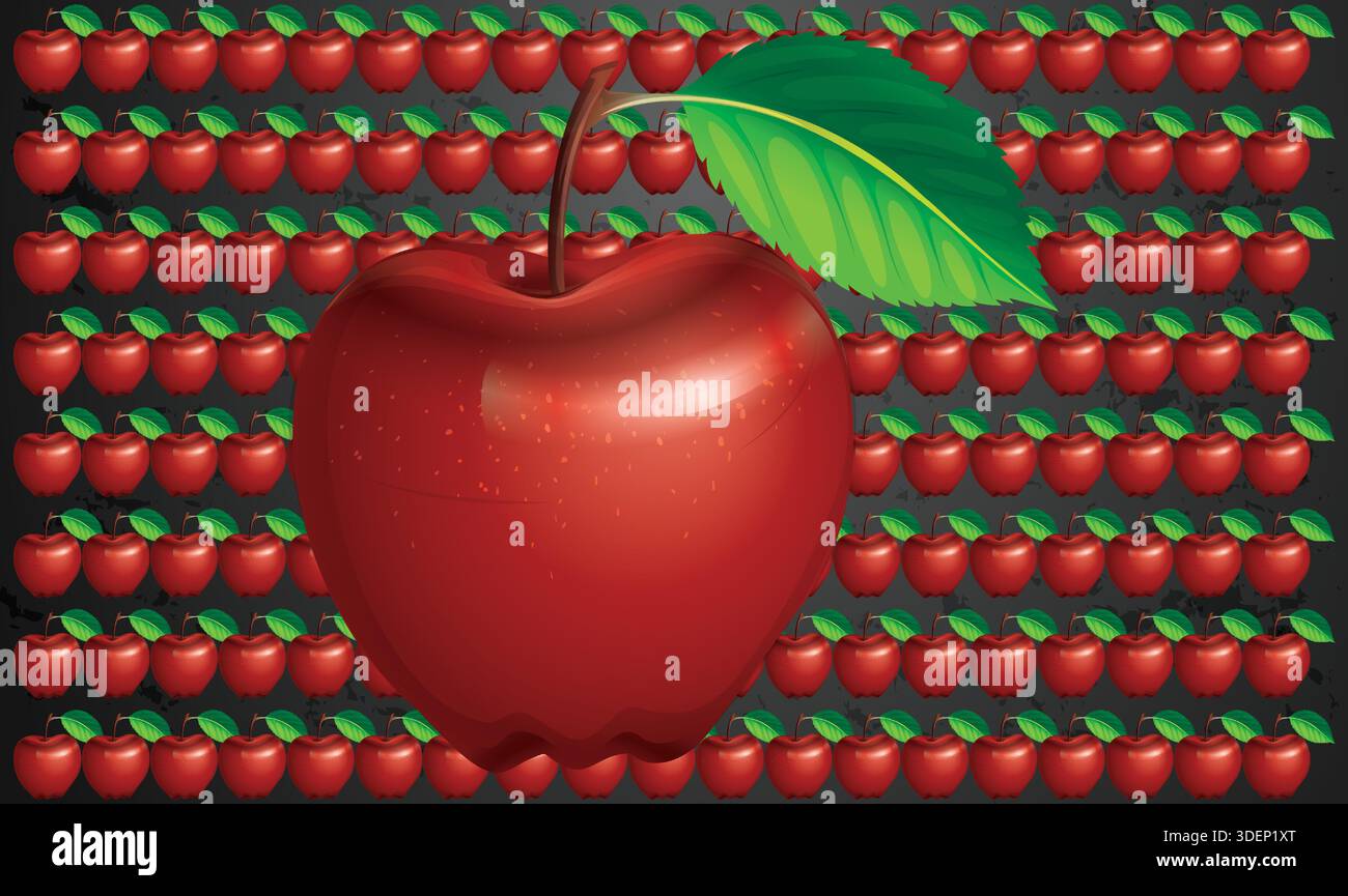 Various same size small apple display in horizontal line with midst huge apple on black background Stock Vector