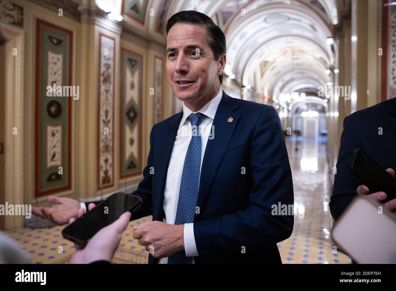 Sen. Bernie Moreno (R-Ohio) speaks with reporters as he emerges from a ...