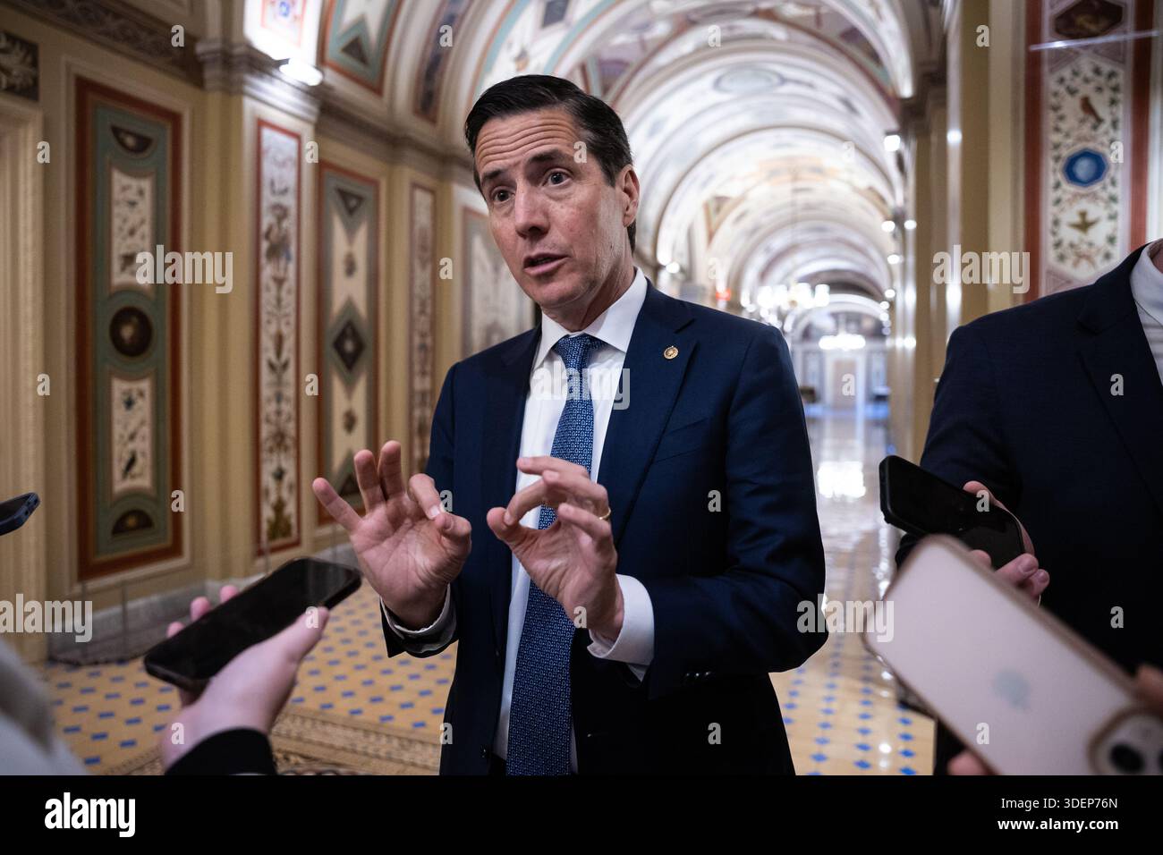 Sen. Bernie Moreno (R-Ohio) speaks with reporters as he emerges from a ...