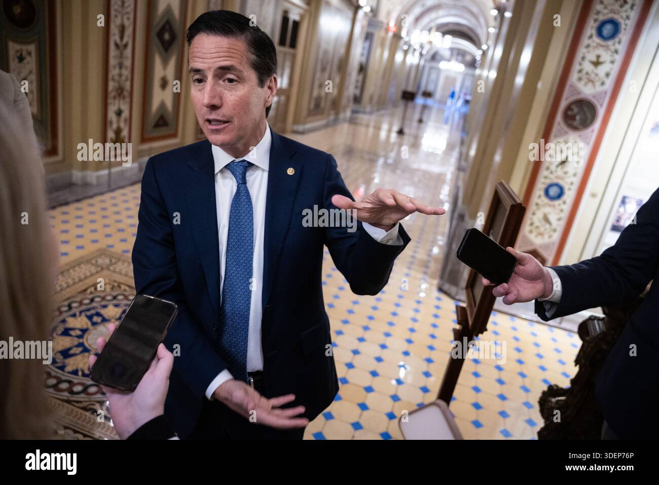 Sen. Bernie Moreno (R-Ohio) speaks with reporters as he emerges from a ...