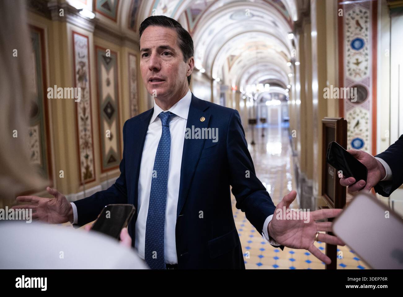 Sen. Bernie Moreno (R-Ohio) speaks with reporters as he emerges from a ...