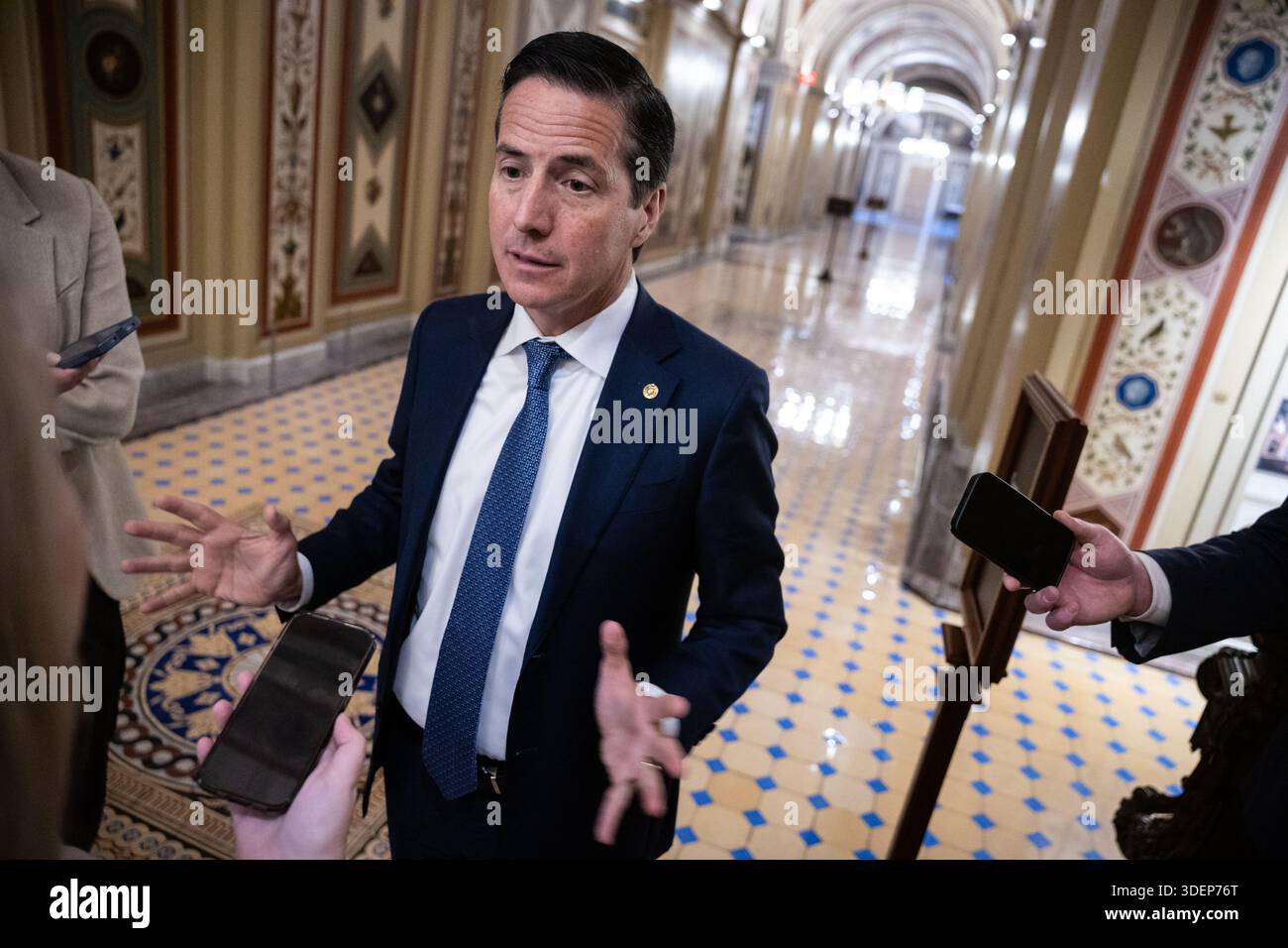 Sen. Bernie Moreno (R-Ohio) speaks with reporters as he emerges from a ...