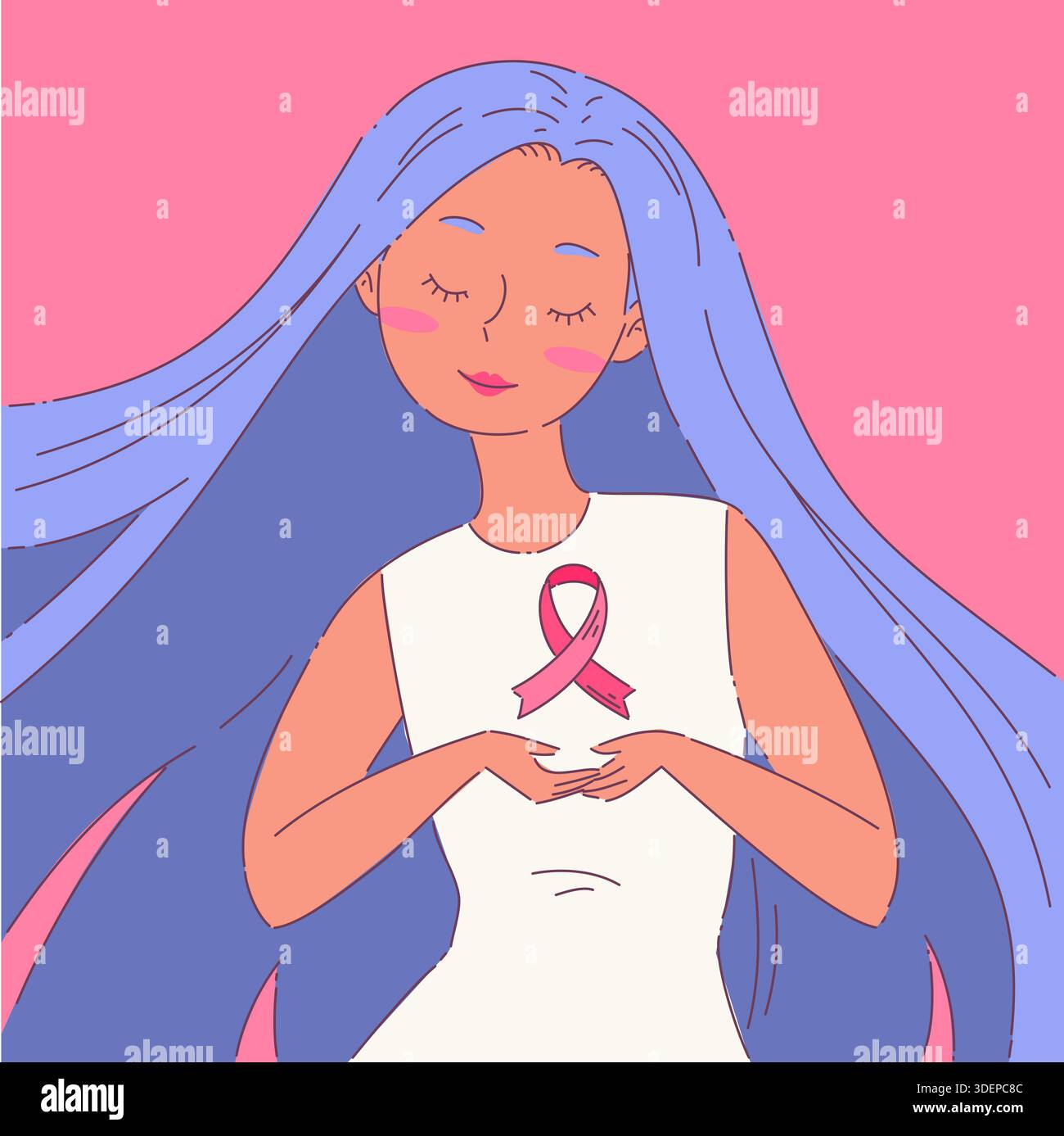 Woman showing solidarity with pink ribbon and gentle smile Stock Photo