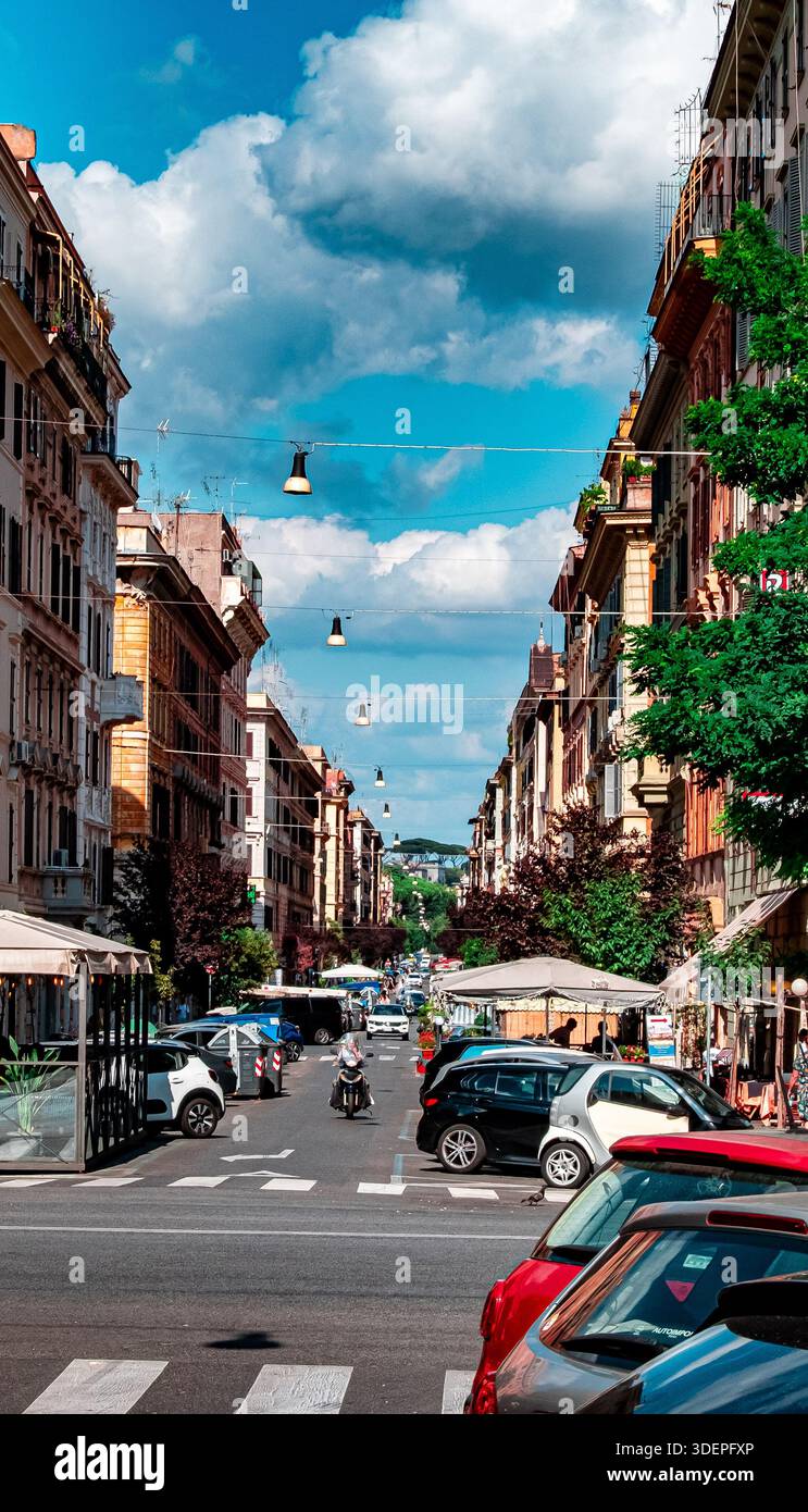 Busy European City Street with Traffic, Cafes, and Historic Buildings ...