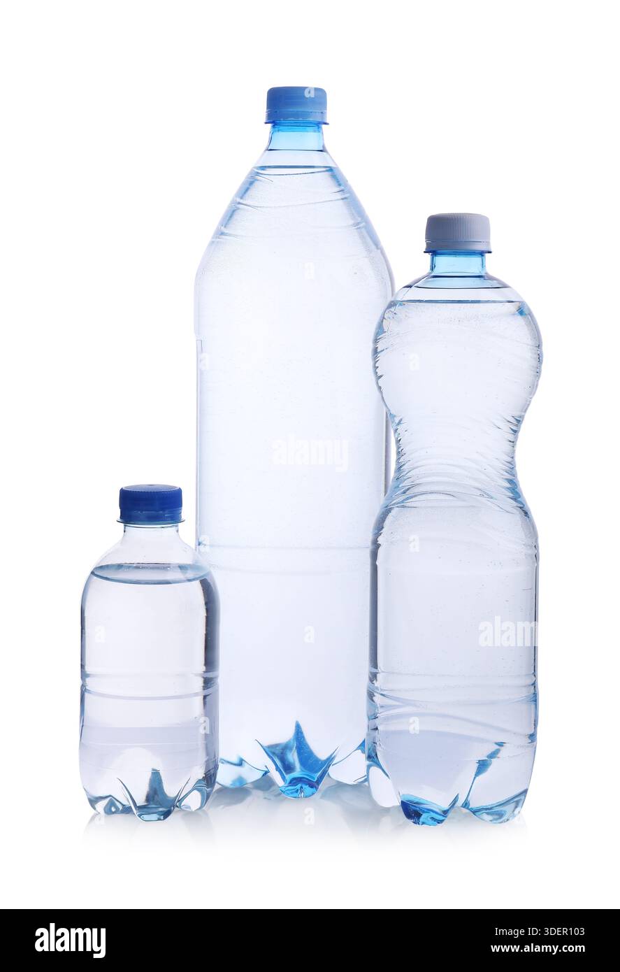 Three blue bottles of different sizes with drinking water isolated on a  white background Stock Photo - Alamy