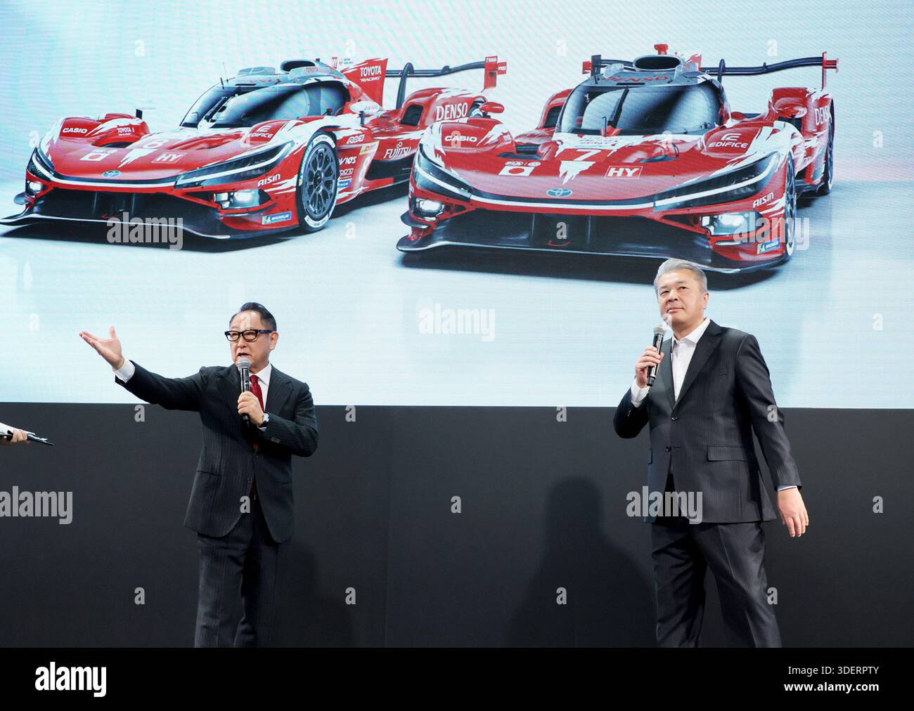 Chiba, Japan. 9th Jan, 2026. Japan's auto giant Toyota Motor chairman Akio Toyoda (L) and executive vice president Hiroki Nakajima (R) hold a talk show about the company's motor sports and customization vehicles at an annual custom car show 'Tokyo Auto Salon 2026' in Chiba, suburban Tokyo on Friday, January 9, 2025. More than 250,000 people are expecting to visit a three-day auto show. (photo by Yoshio Tsunoda/AFLO) Stock Photo