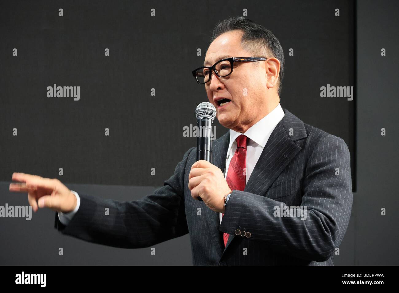 Chiba, Japan. 9th Jan, 2026. Japan's auto giant Toyota Motor chairman Akio Toyoda speaks at an annual custom car show 'Tokyo Auto Salon 2026' in Chiba, suburban Tokyo on Friday, January 9, 2025. More than 250,000 people are expecting to visit a three-day auto show. (photo by Yoshio Tsunoda/AFLO) Stock Photo