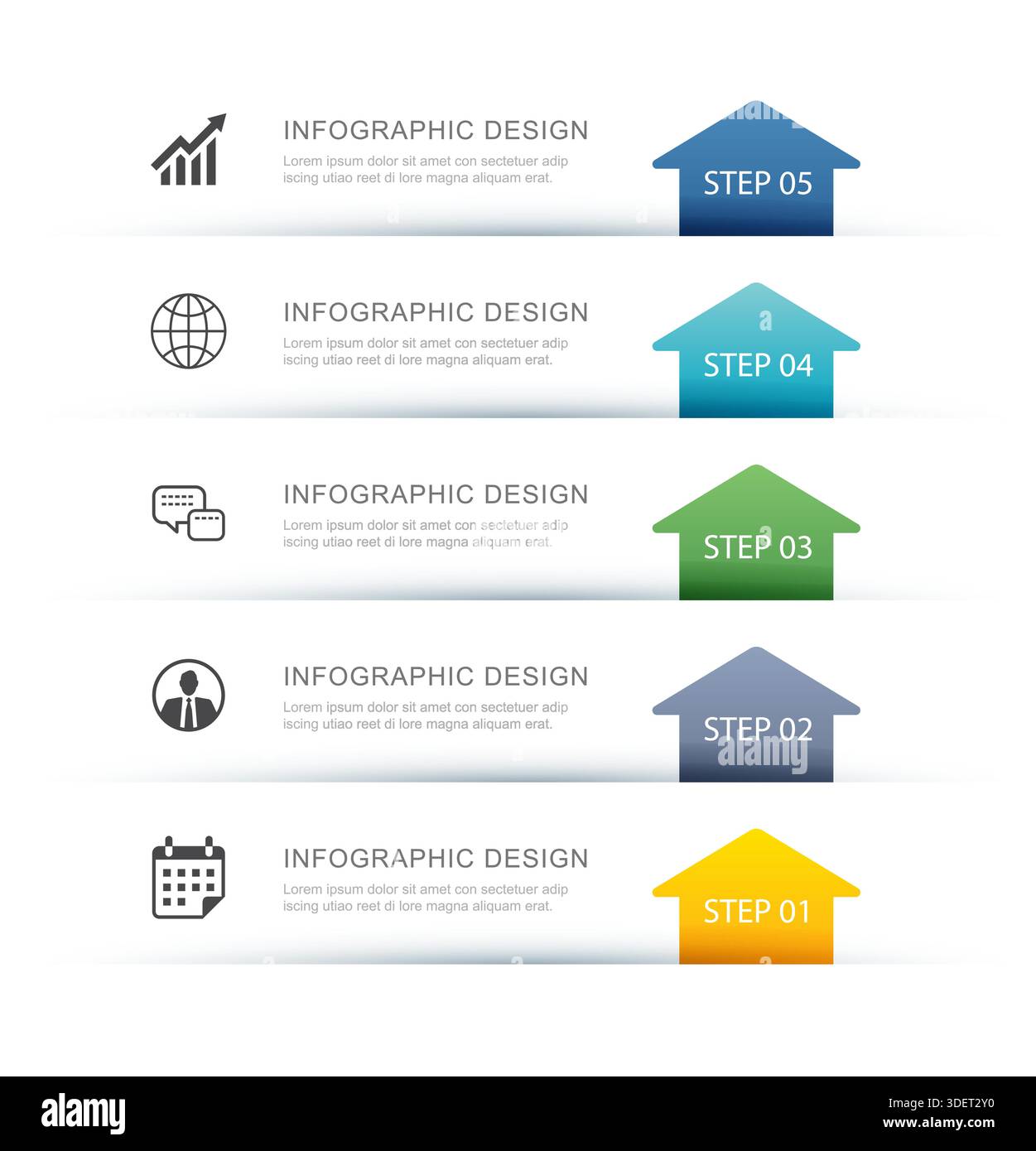 Five step infographic modern arrow process roadmap layout vertical growth timeline. Stock Vector