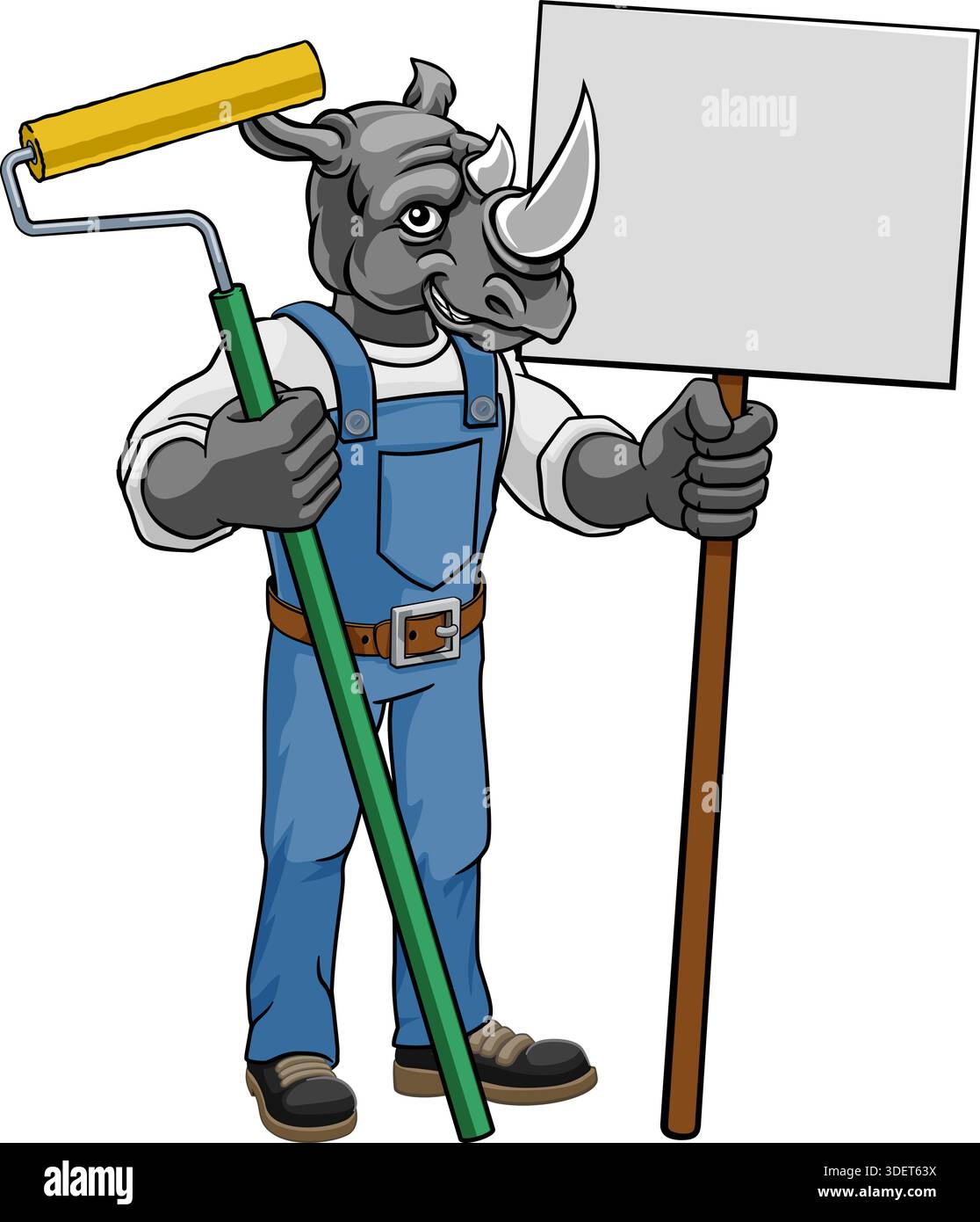 Rhino Painter Decorator Paint Roller Mascot Man Stock Vector