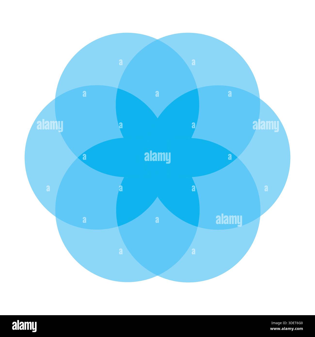 Bright blue six circle venn diagram with layered floral overlap creating complex intersection vector infographic for data relationship chart model Stock Vector