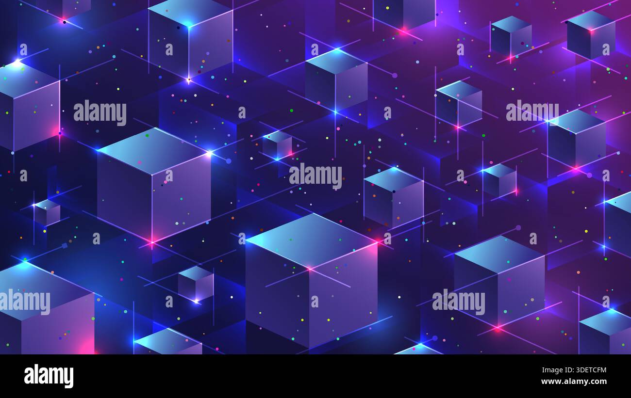 Abstract Isometric Cubes Technology Background featuring Neon Blue and Purple Digital Grid Pattern Stock Vector