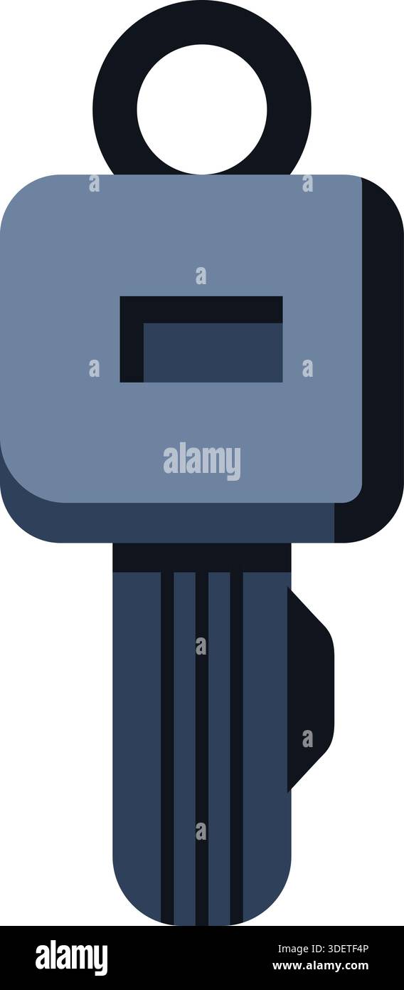 A modern square headed ignition key with ring loop and vertical grooves. Stock Vector