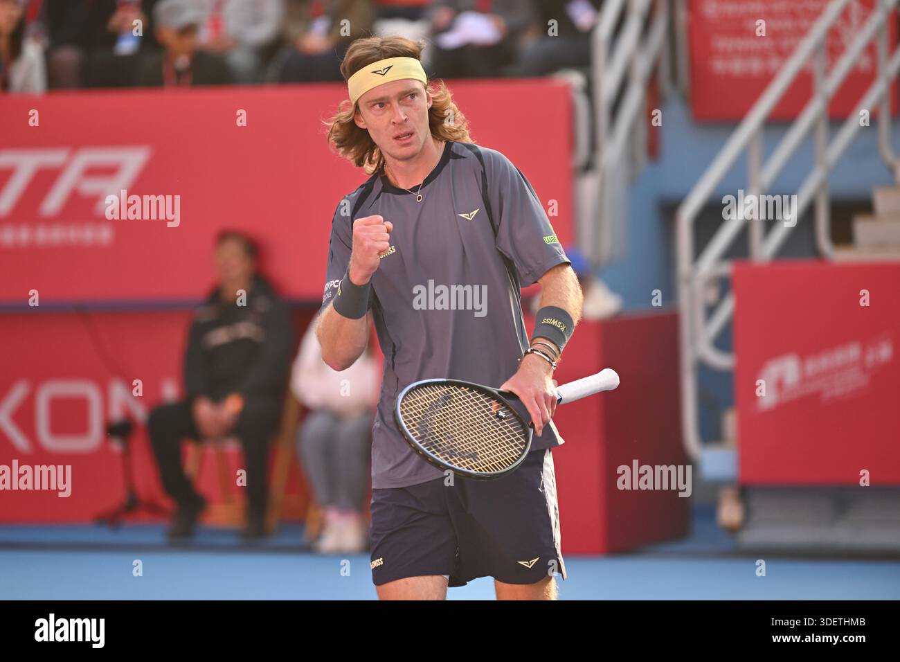 Andrey Rublev, a Russian tennis player, during a match at the Hong Kong ...